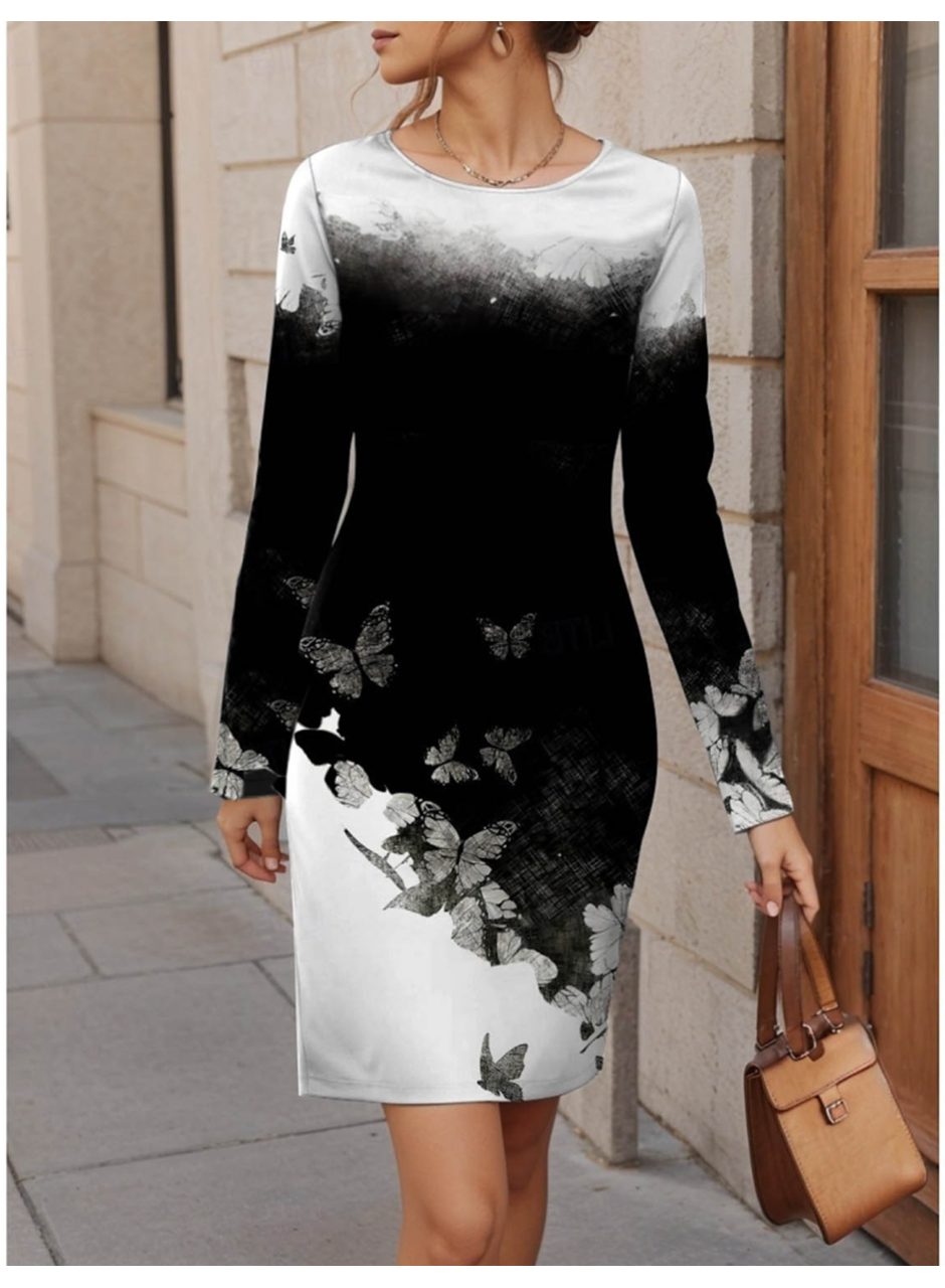 Kadın Uzun Kollu Bisiklet Yaka çiçek Desenli Kısa şardonlu Dalgıç Elbise