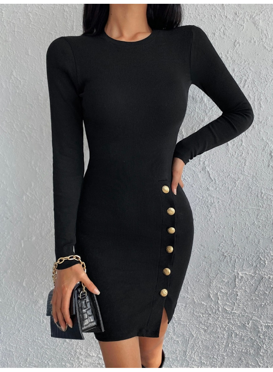 Kadın Siyah Uzun Kollu Bisiklet Yaka Yan Yırtmaç Düğme Detay Kısa Kaşkorse Elbise