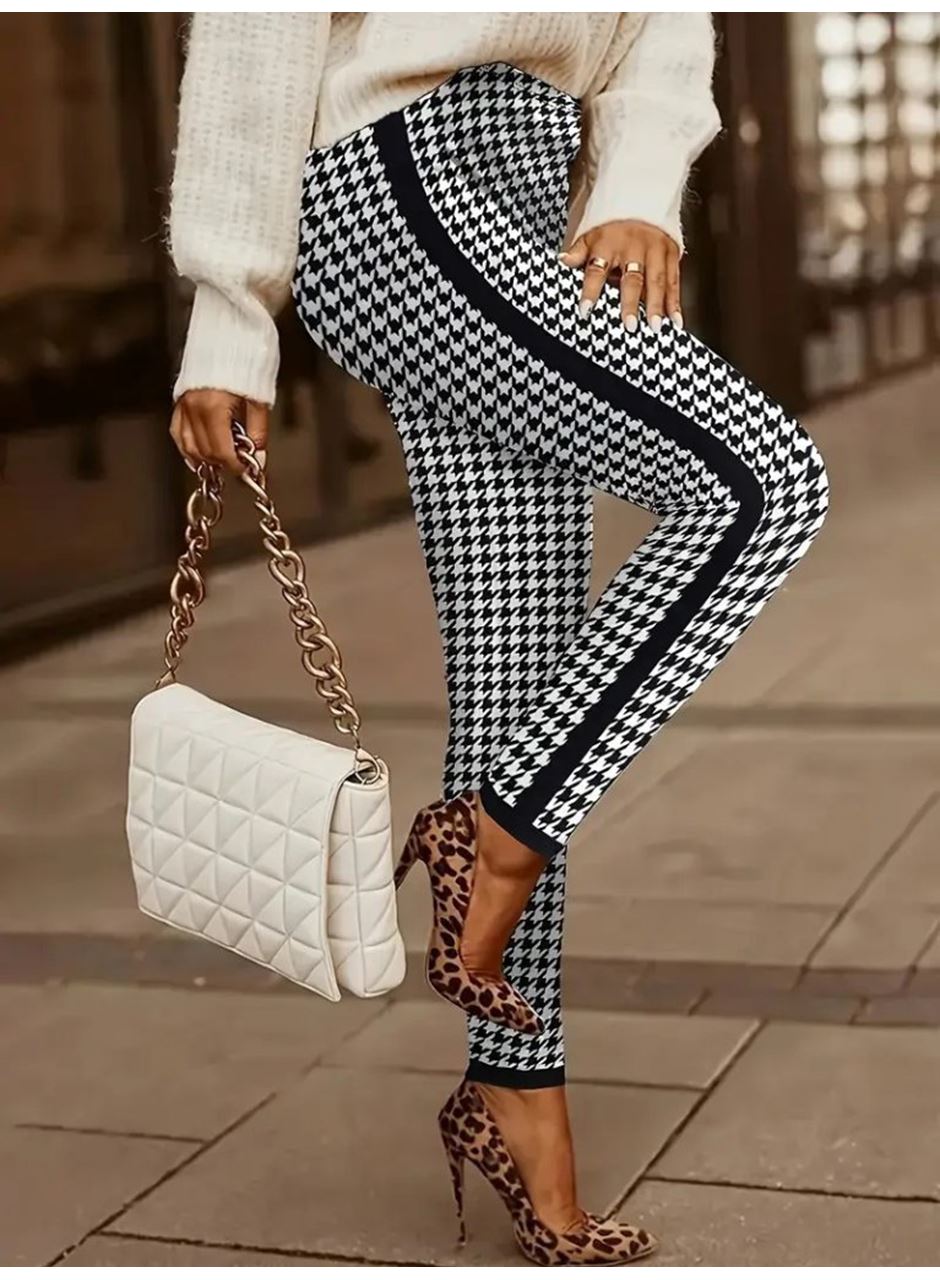 Kadın Yüksek Bel Kaz Ayağı Desenli Yanları şeritli Dalgıç Pantolon