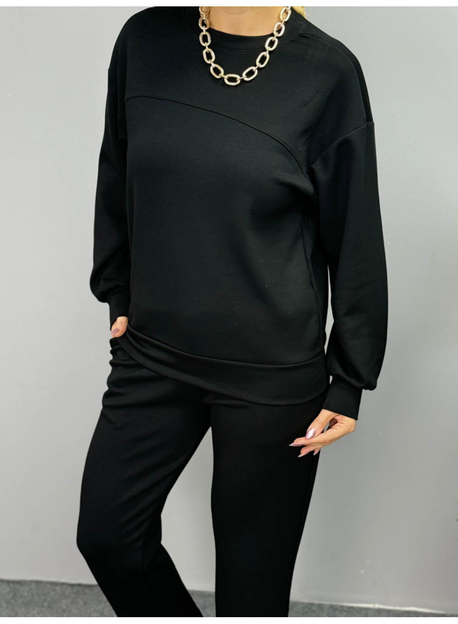 Kadın Uzun Kollu Bisiklet Yaka Viskon Iki Iplik Bluz Ve Pantolon Ikili Takım