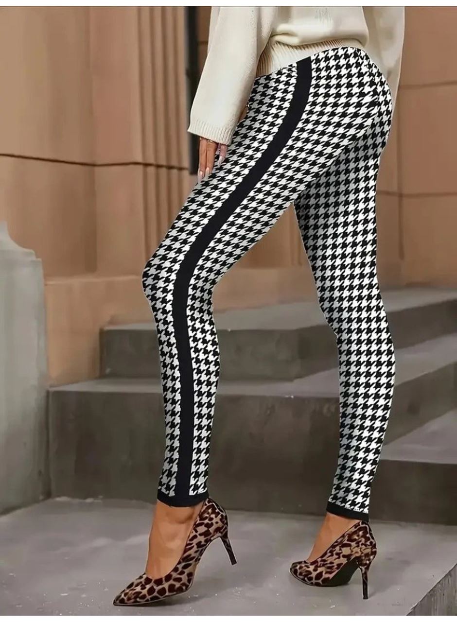 Kadın Yüksek Bel Kaz Ayağı Desenli Yanları şeritli Dalgıç Pantolon