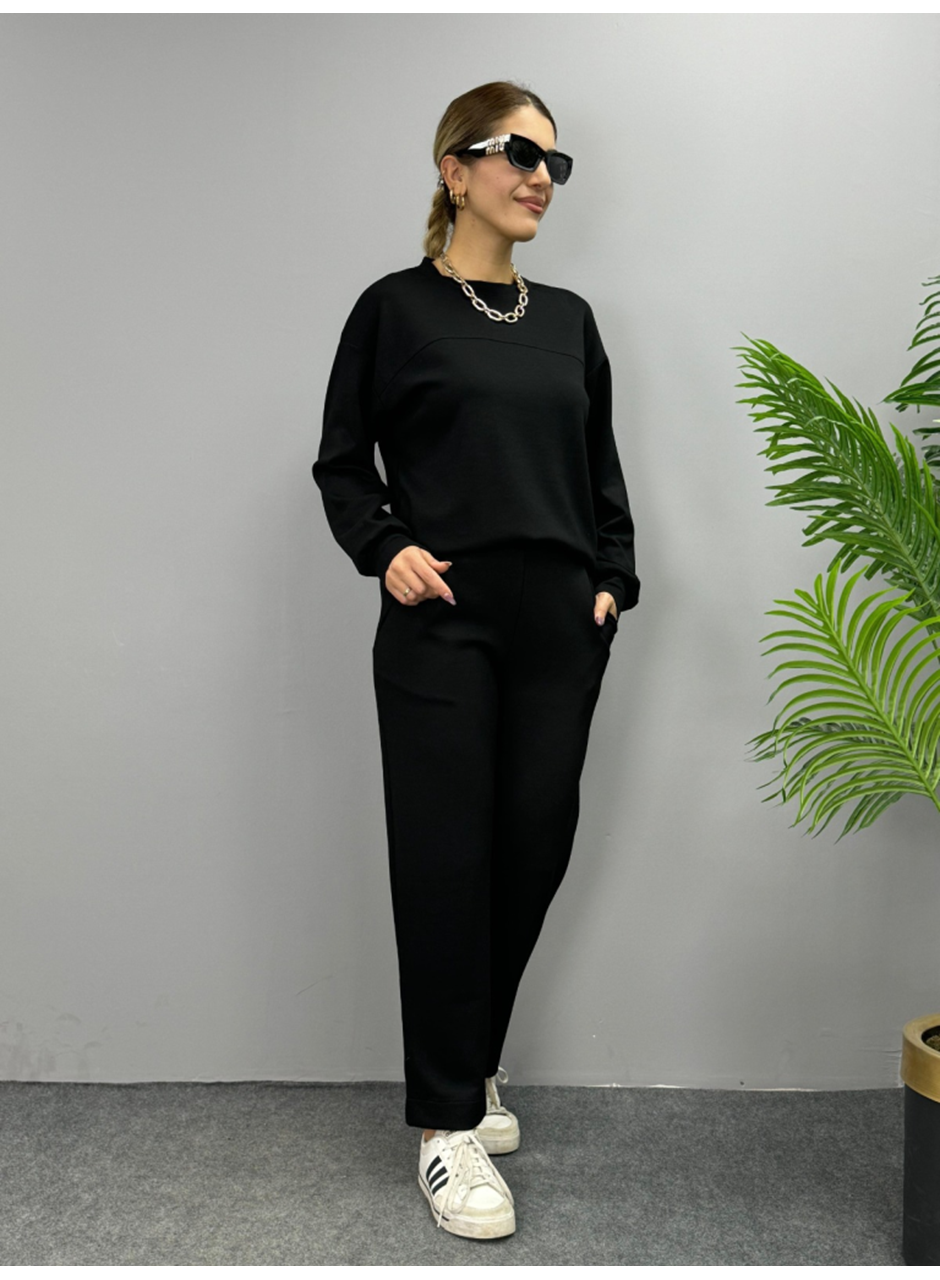 Kadın Uzun Kollu Bisiklet Yaka Viskon Iki Iplik Bluz Ve Pantolon Ikili Takım