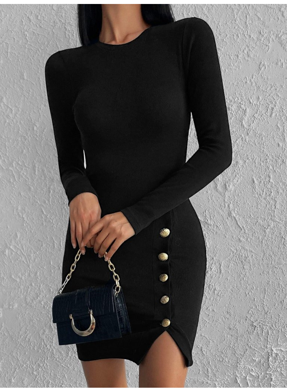 Kadın Siyah Uzun Kollu Bisiklet Yaka Yan Yırtmaç Düğme Detay Kısa Kaşkorse Elbise