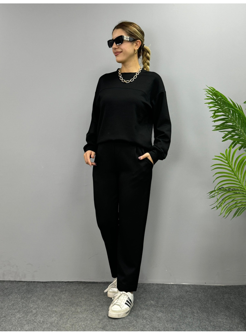 Kadın Uzun Kollu Bisiklet Yaka Viskon Iki Iplik Bluz Ve Pantolon Ikili Takım