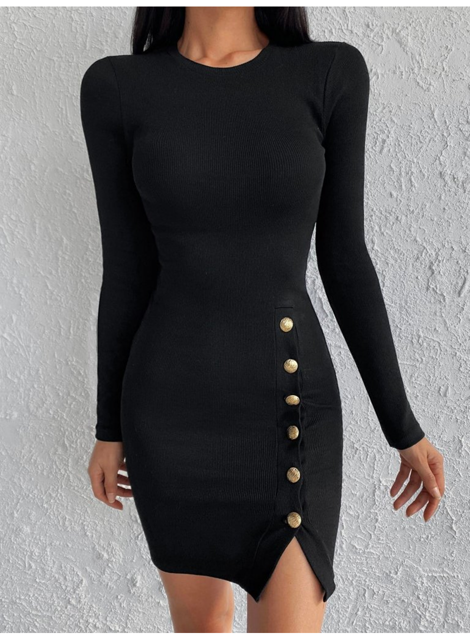 Kadın Siyah Uzun Kollu Bisiklet Yaka Yan Yırtmaç Düğme Detay Kısa Kaşkorse Elbise