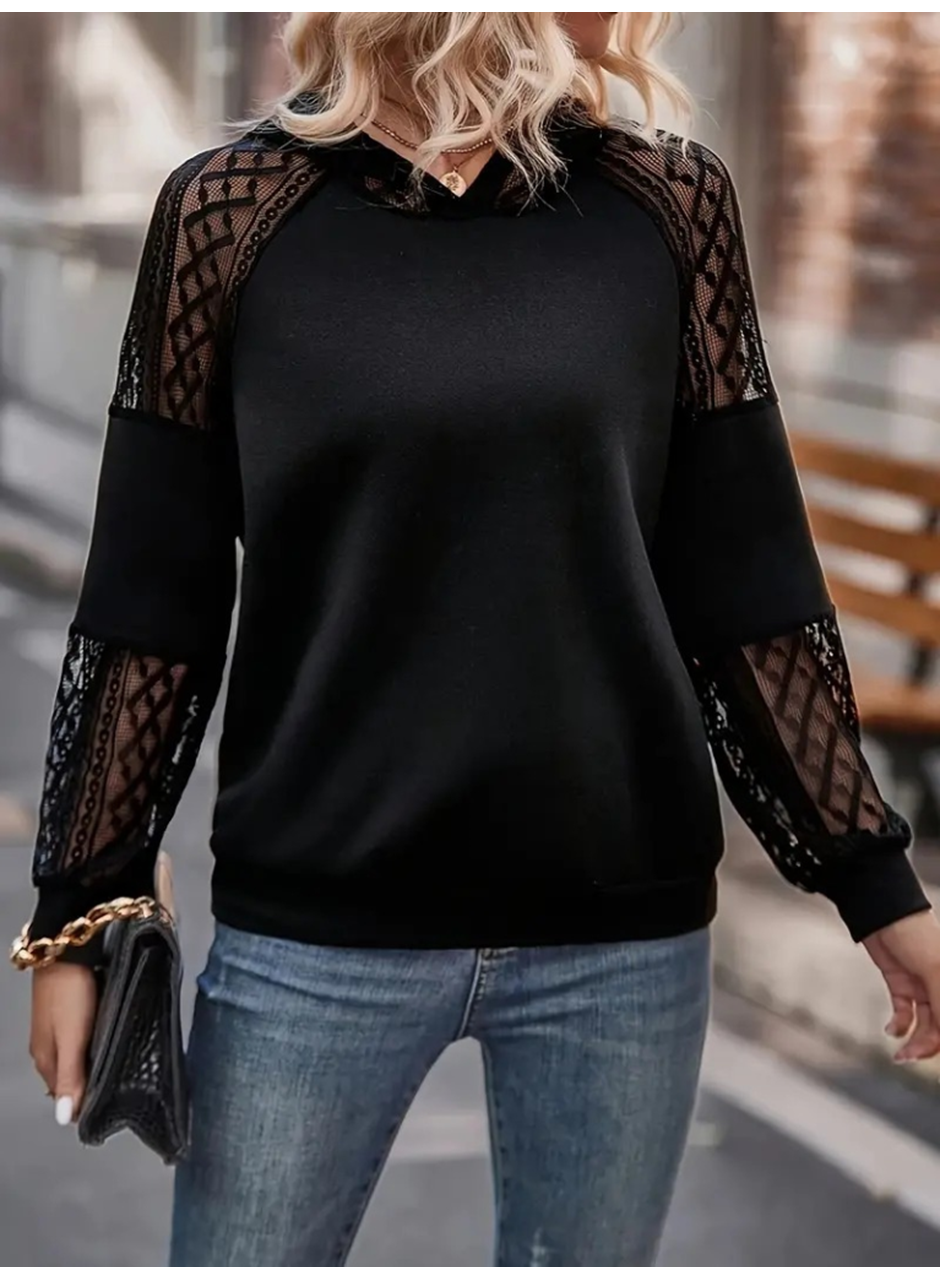 Kadın Uzun Kollu Dantelli Kapşonlu Viskon Iki Iplik Bluz