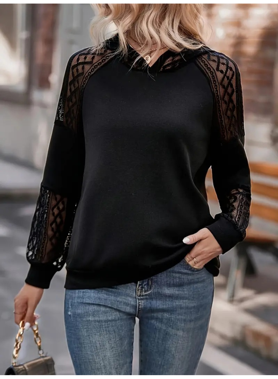 Kadın Uzun Kollu Dantelli Kapşonlu Viskon Iki Iplik Bluz