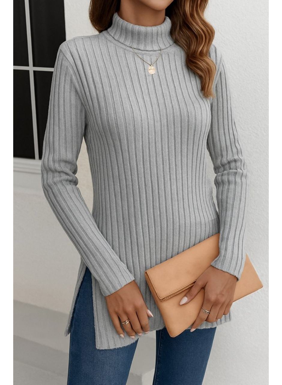 Kadın Uzun Kollu Balıkçı Yaka Yandan Yırtmaçlı şardonlu Kaşkorse Bluz