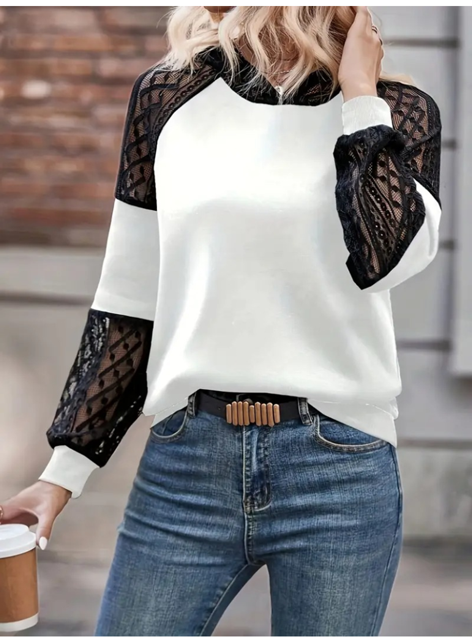 Kadın Uzun Kollu Dantelli Kapşonlu Viskon Iki Iplik Bluz