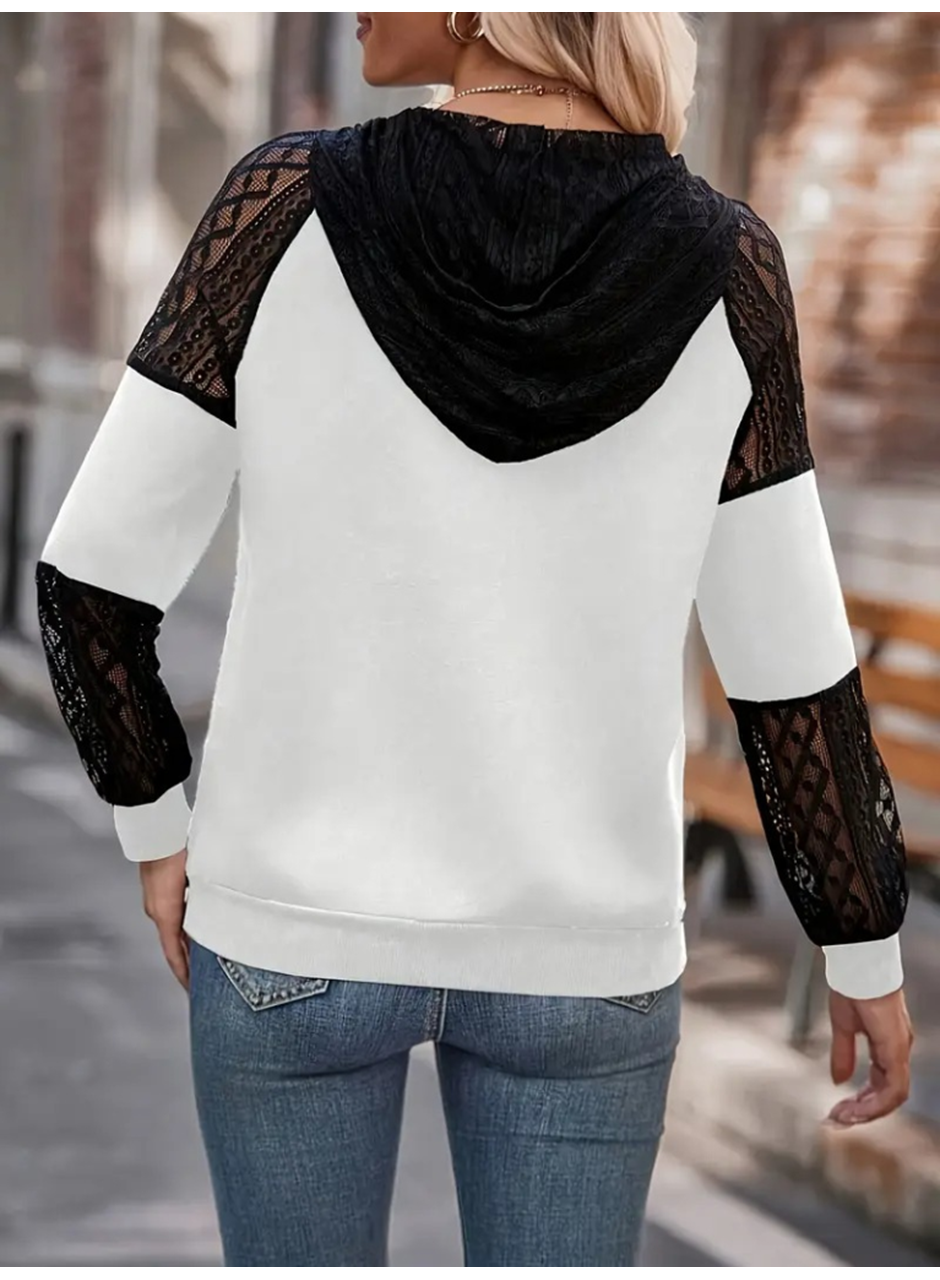 Kadın Uzun Kollu Dantelli Kapşonlu Viskon Iki Iplik Bluz