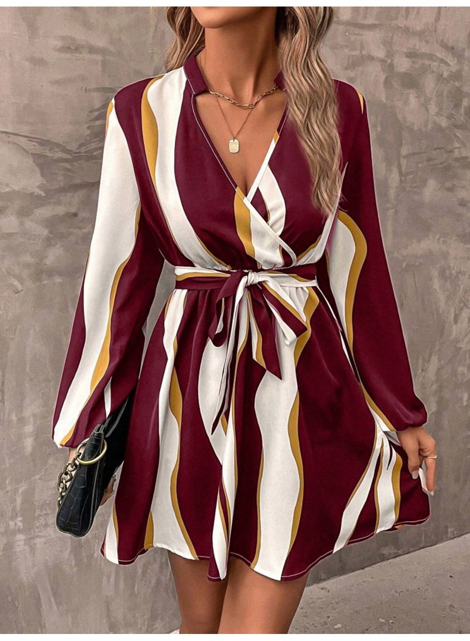 Kadın Uzun Kollu Kruvaze Yakalı Desenli Modal Mini Elbise