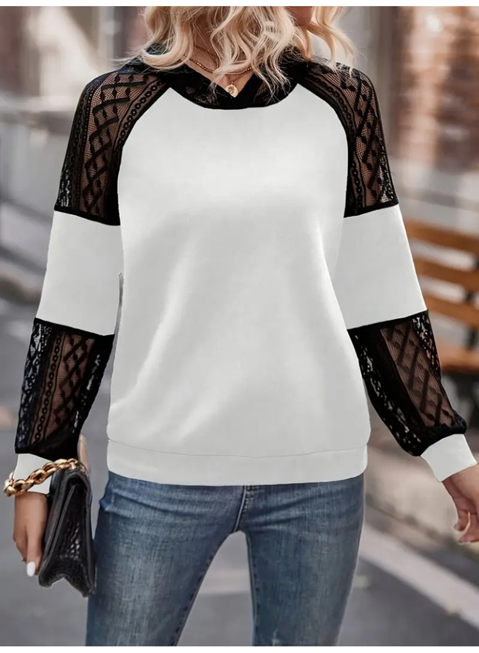 Kadın Uzun Kollu Dantelli Kapşonlu Viskon Iki Iplik Bluz