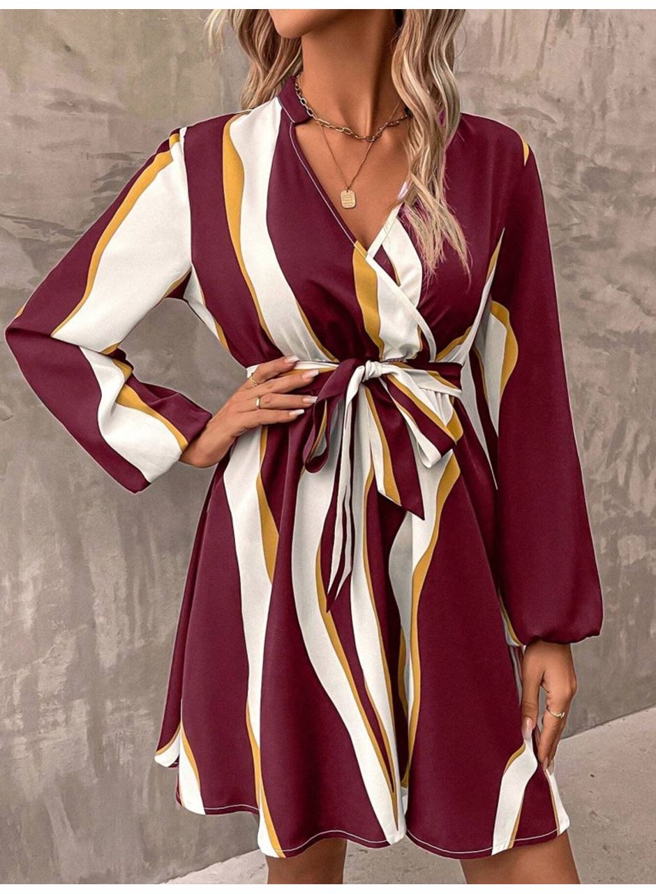 Kadın Uzun Kollu Kruvaze Yakalı Desenli Modal Mini Elbise