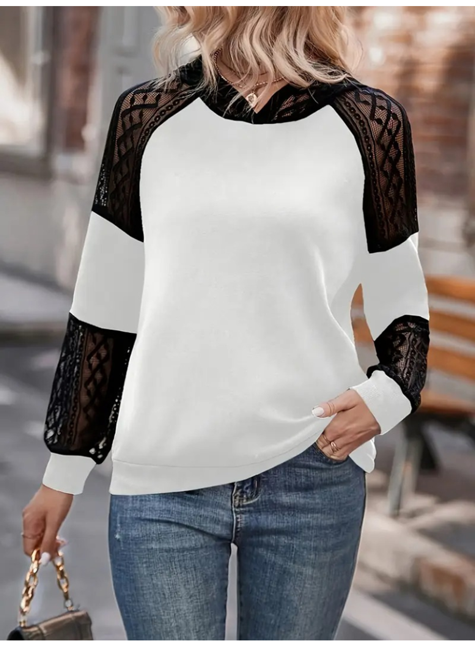 Kadın Uzun Kollu Dantelli Kapşonlu Viskon Iki Iplik Bluz
