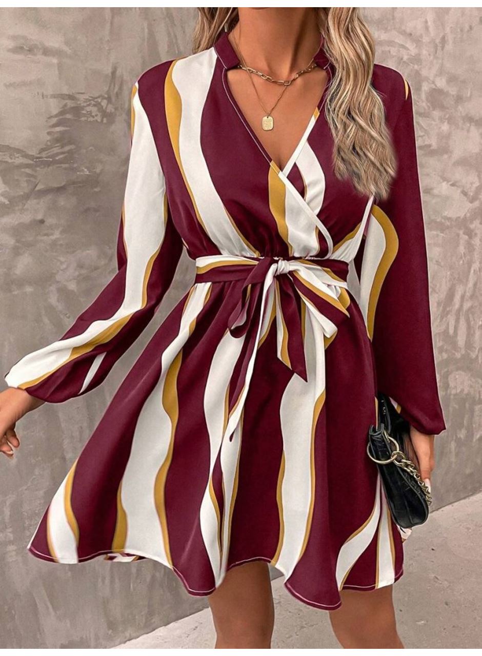 Kadın Uzun Kollu Kruvaze Yakalı Desenli Modal Mini Elbise