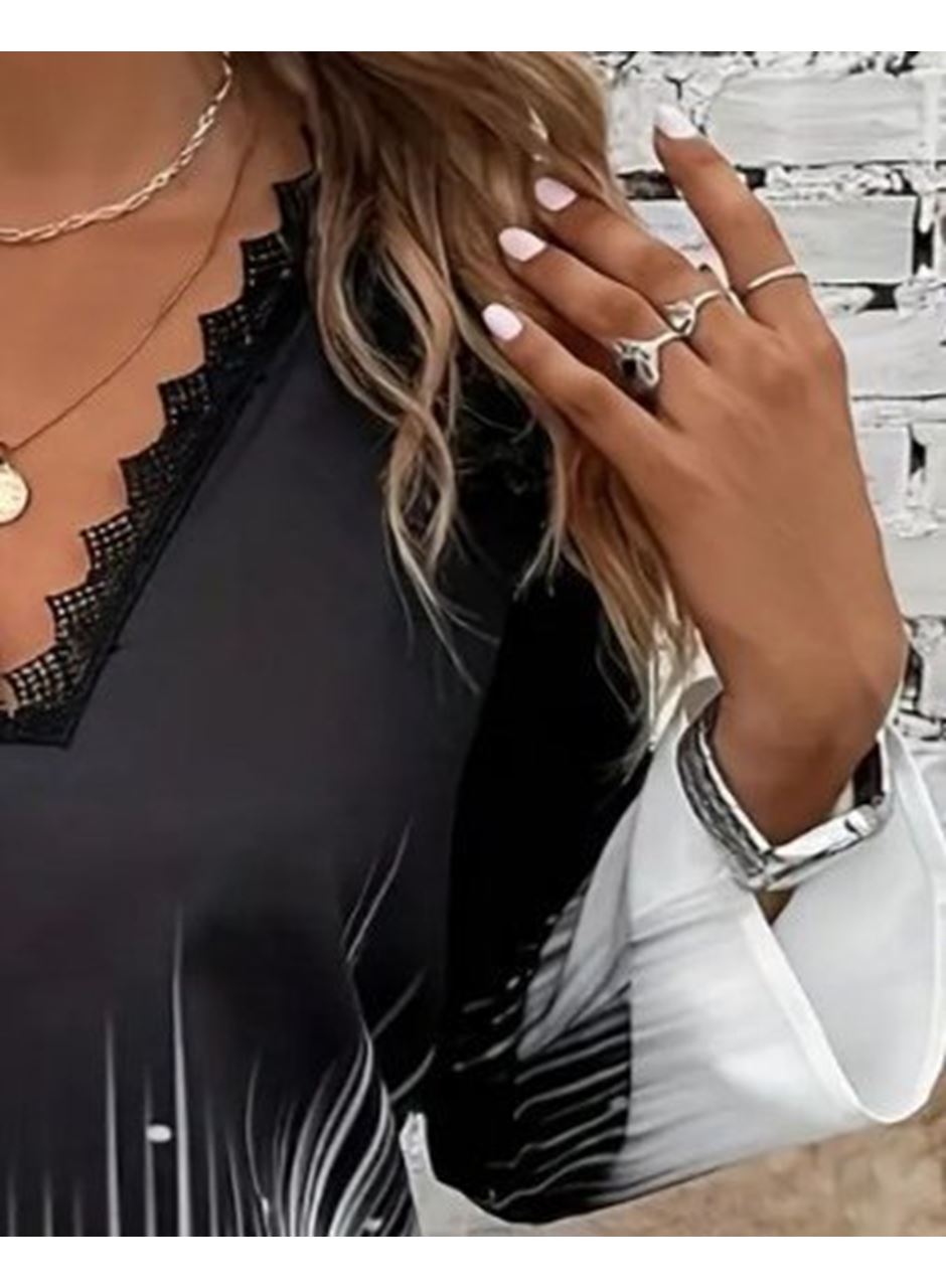 Kadın Uzun Kollu V Dantel Yaka Desenli Modal Bluz