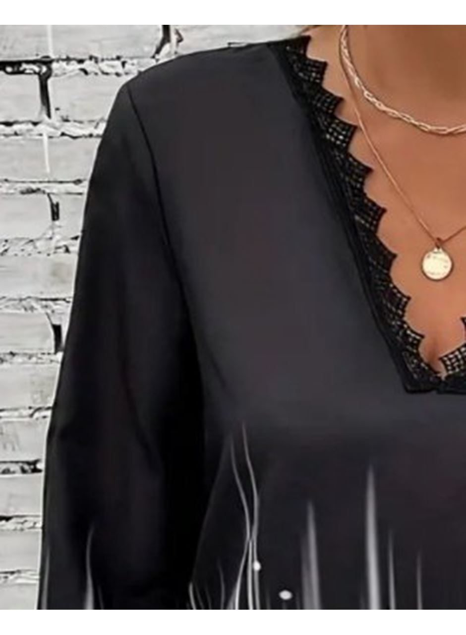 Kadın Uzun Kollu V Dantel Yaka Desenli Modal Bluz