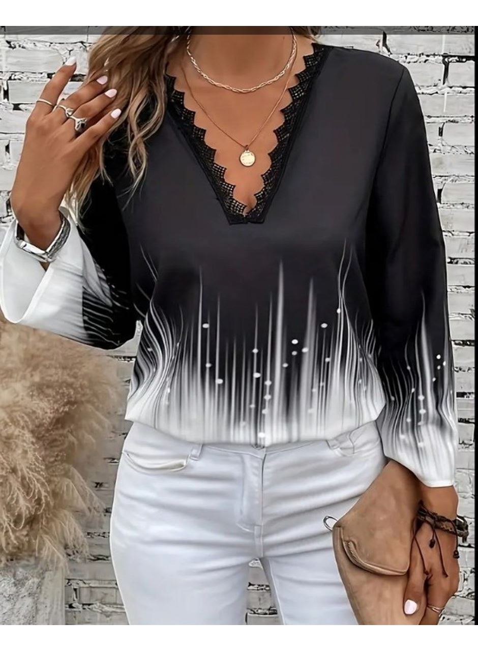 Kadın Uzun Kollu V Dantel Yaka Desenli Modal Bluz