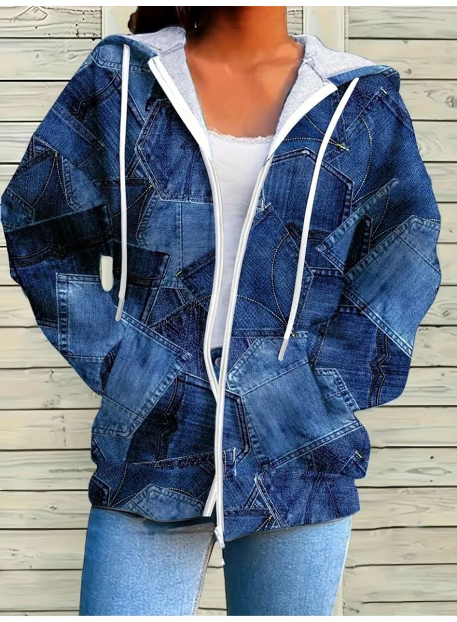 Kadın Uzun Kollu Kapşonlu Fermuarlı Kot Desenli Bağcıklı Modal Ceket