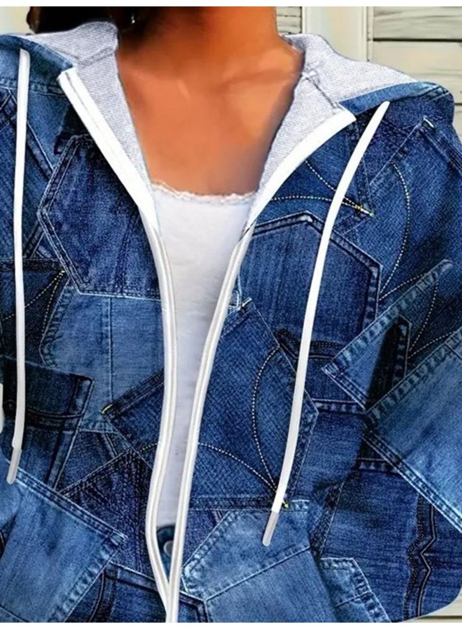 Kadın Uzun Kollu Kapşonlu Fermuarlı Kot Desenli Bağcıklı Modal Ceket