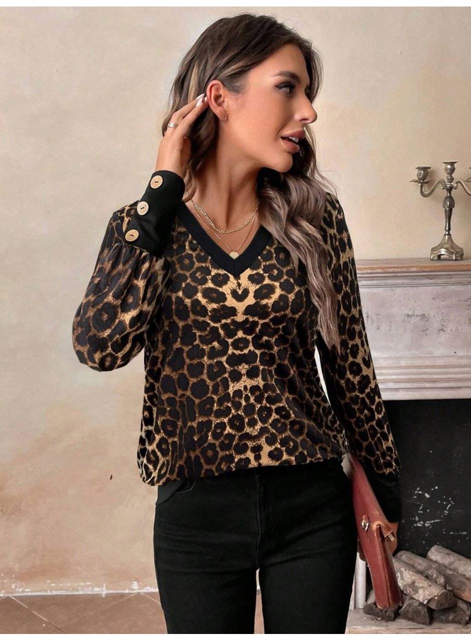 Kadın Uzun Kollu V Yakalı Desenli Süprem Bluz