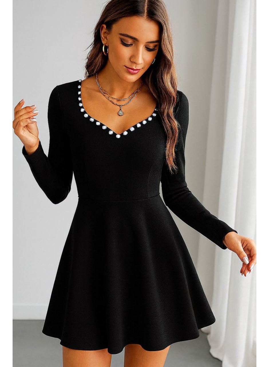 Kadın Uzun Kollu Inci Yakalı Kısa Ithal Krep Elbise