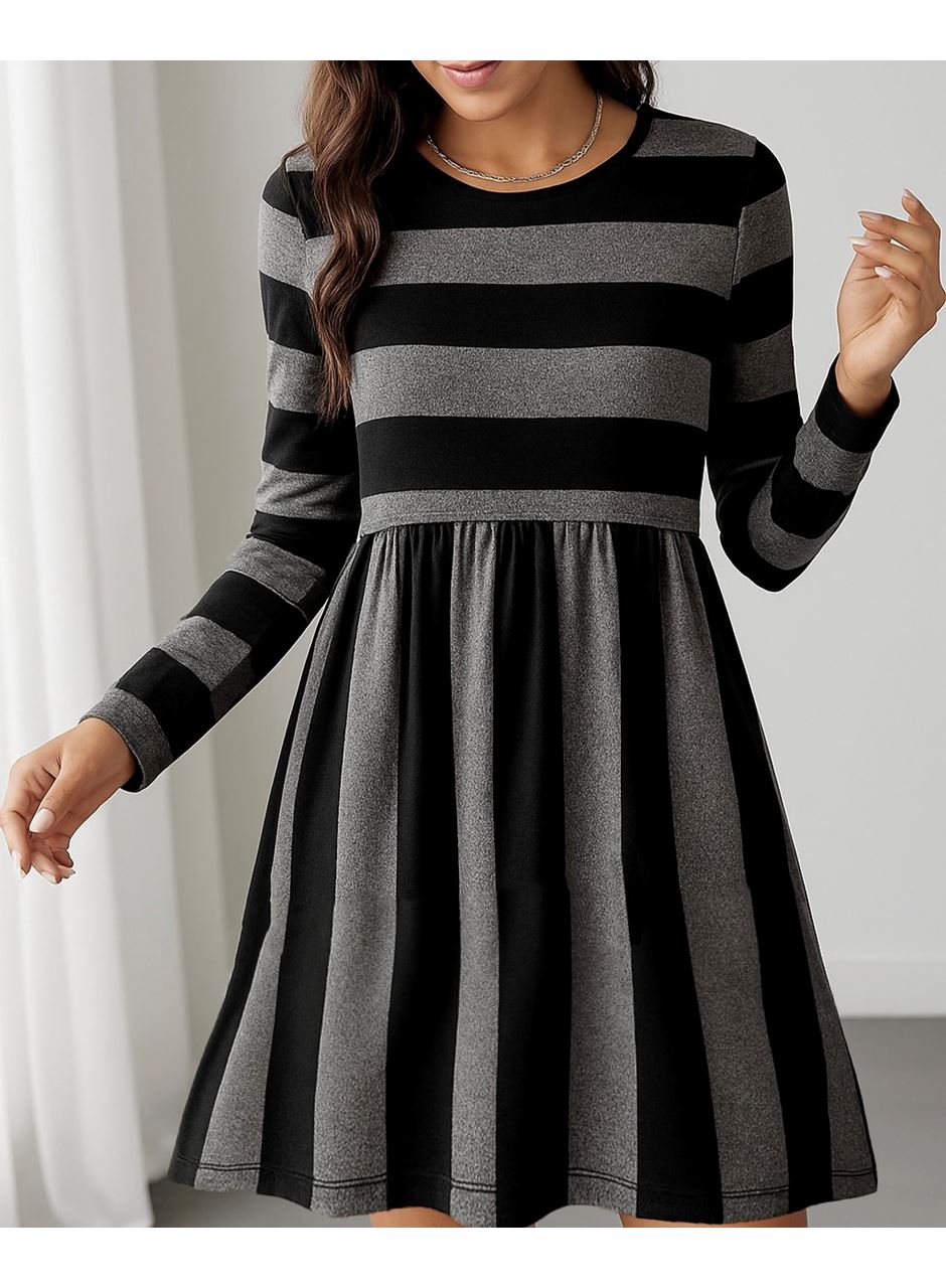 Kadın Uzun Kollu Bisiklet Yaka çizgili Desen Detaylı Süprem Mini Elbise