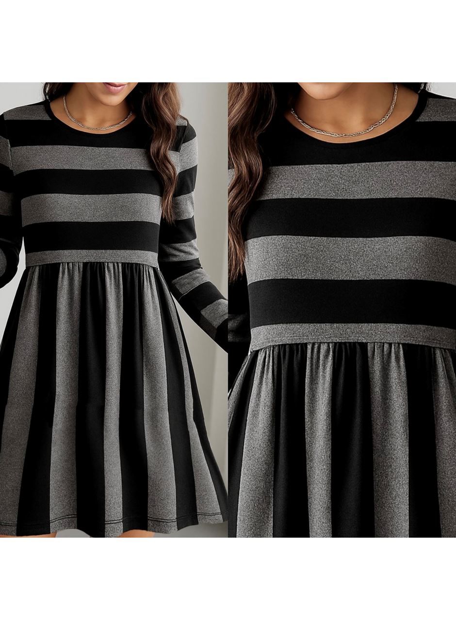 Kadın Uzun Kollu Bisiklet Yaka çizgili Desen Detaylı Süprem Mini Elbise