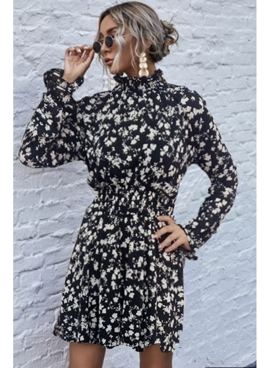 Kadın Uzun Kollu Balıkçı Yaka çiçek Baskılı Helen Kumaş Elbise