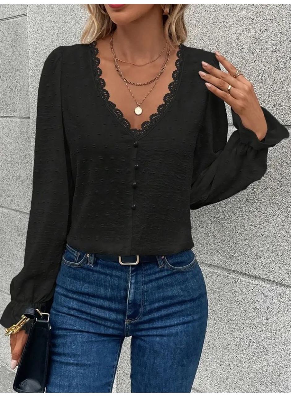 Kadın Uzun Kollu V Yakalı önden Düğmeli Bluz