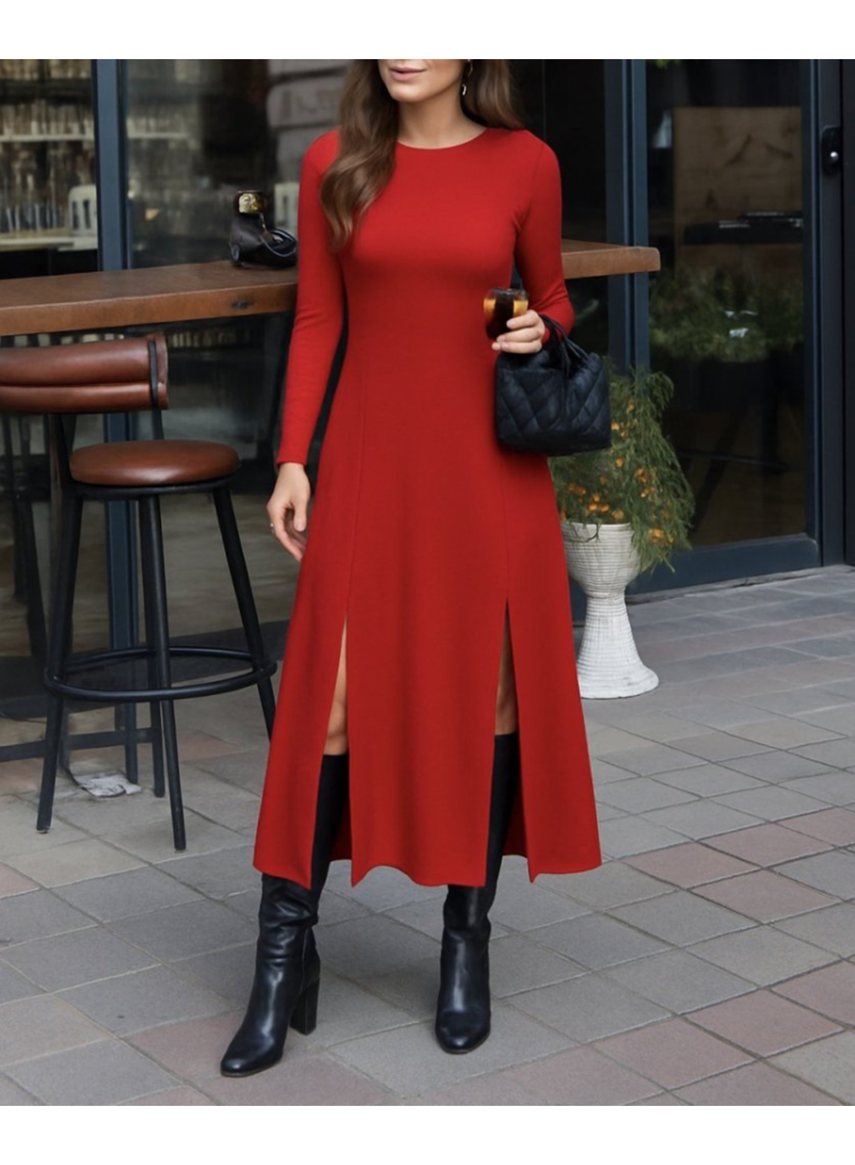 Kadın Uzun Kollu Hafif Kayık Yaka Sırt Dekolteli Yırtmaç Detaylı Viskon Tam Boy Elbise