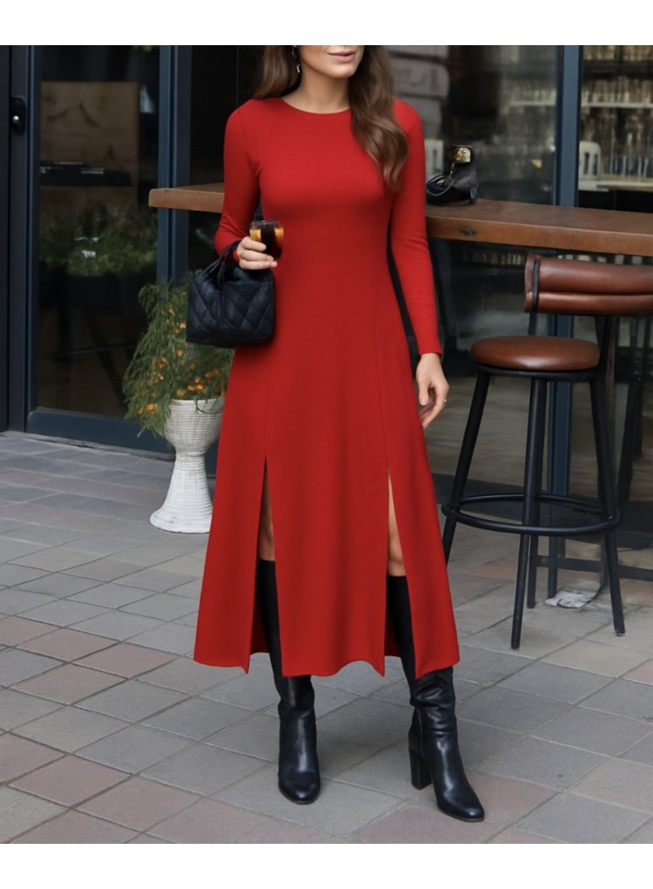 Kadın Uzun Kollu Hafif Kayık Yaka Sırt Dekolteli Yırtmaç Detaylı Viskon Tam Boy Elbise