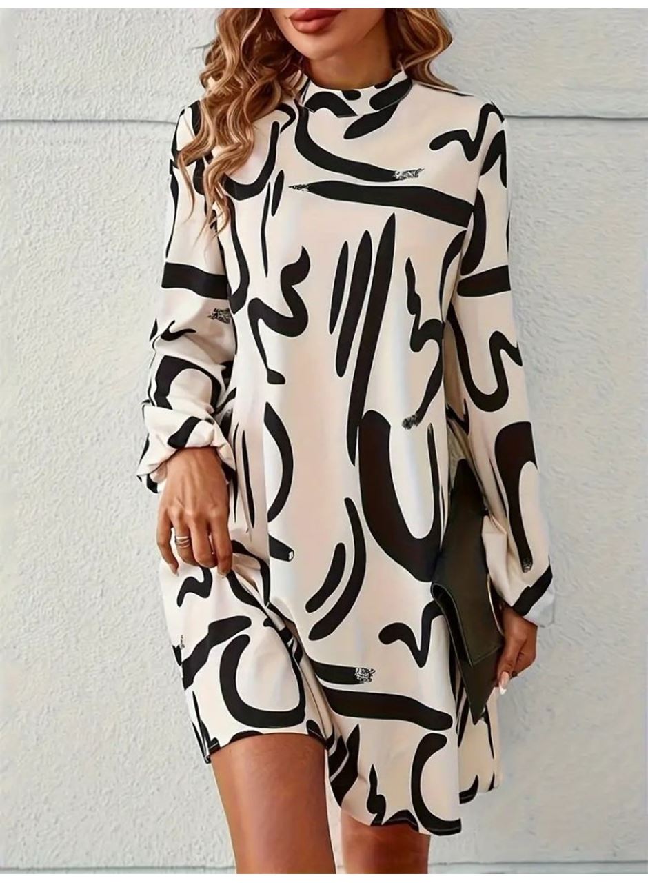 Kadın Uzun Kollu Balıkçı Yaka Desenli şardonlu Dalgıç Elbise