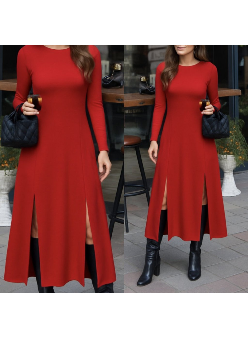 Kadın Uzun Kollu Hafif Kayık Yaka Sırt Dekolteli Yırtmaç Detaylı Viskon Tam Boy Elbise