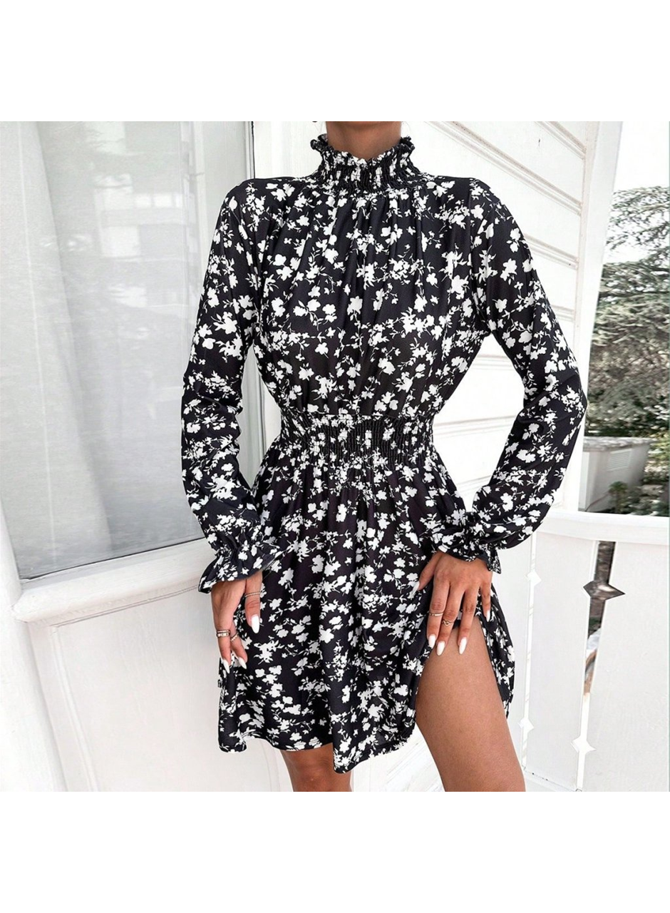 Kadın Uzun Kollu Balıkçı Yaka çiçek Baskılı Helen Kumaş Elbise