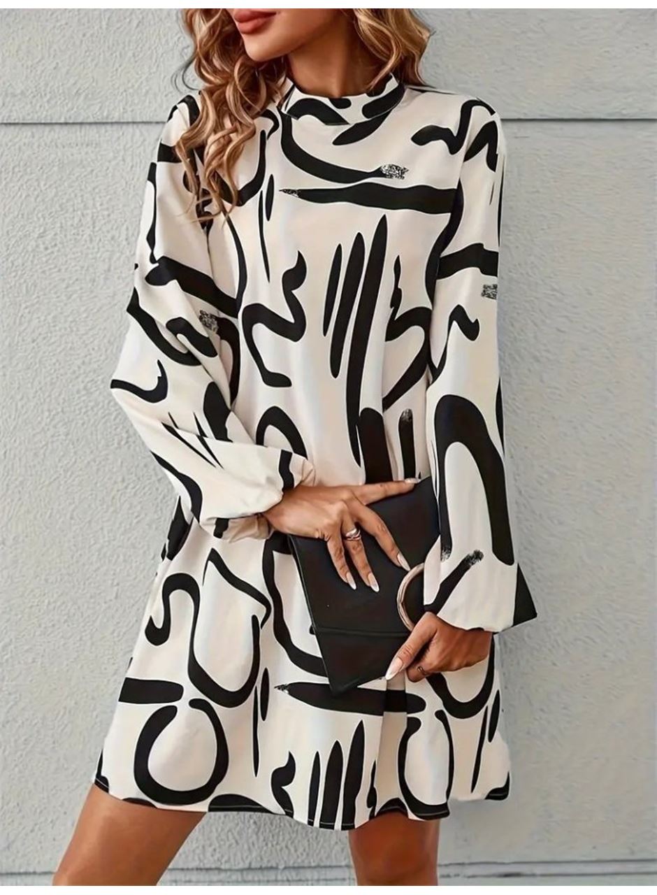 Kadın Uzun Kollu Balıkçı Yaka Desenli şardonlu Dalgıç Elbise