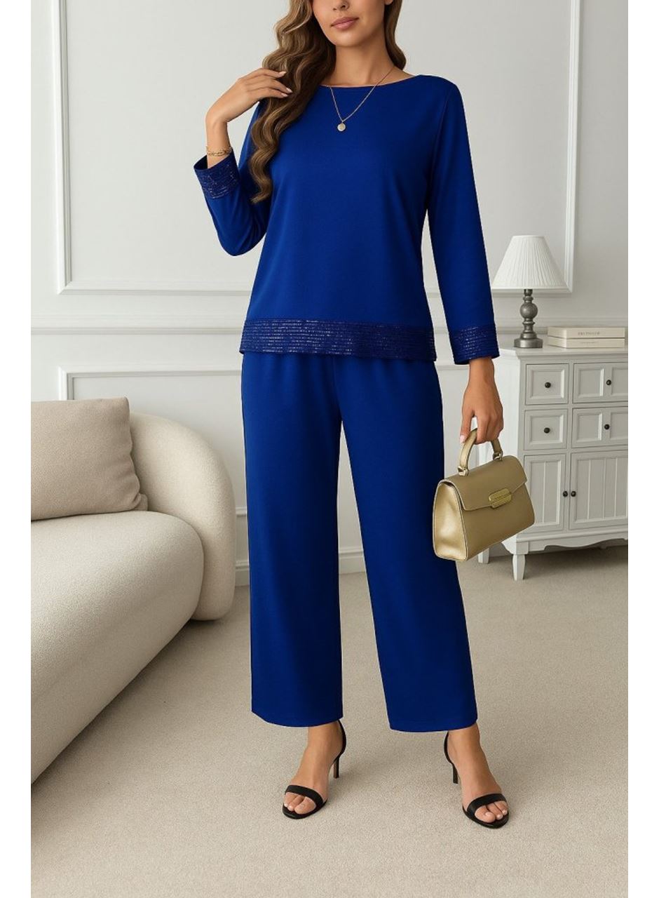 Kadın Uzun Kollu Bisiklet Yaka Pulpayetli Viskon Iki Iplik Bluz Ve Pantolon Ikili Takım