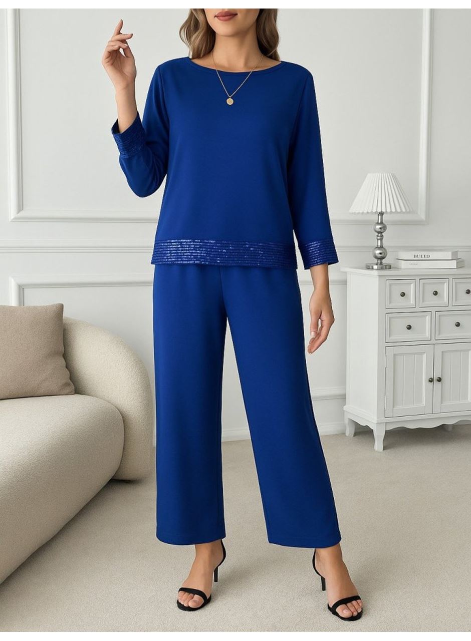 Kadın Uzun Kollu Bisiklet Yaka Pulpayetli Viskon Iki Iplik Bluz Ve Pantolon Ikili Takım