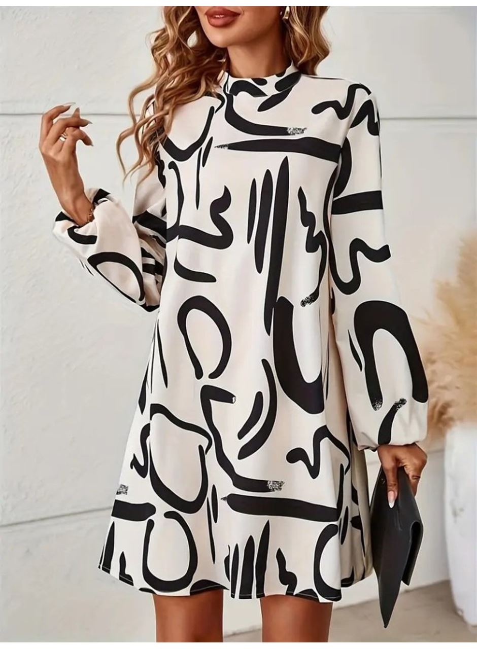 Kadın Uzun Kollu Balıkçı Yaka Desenli şardonlu Dalgıç Elbise