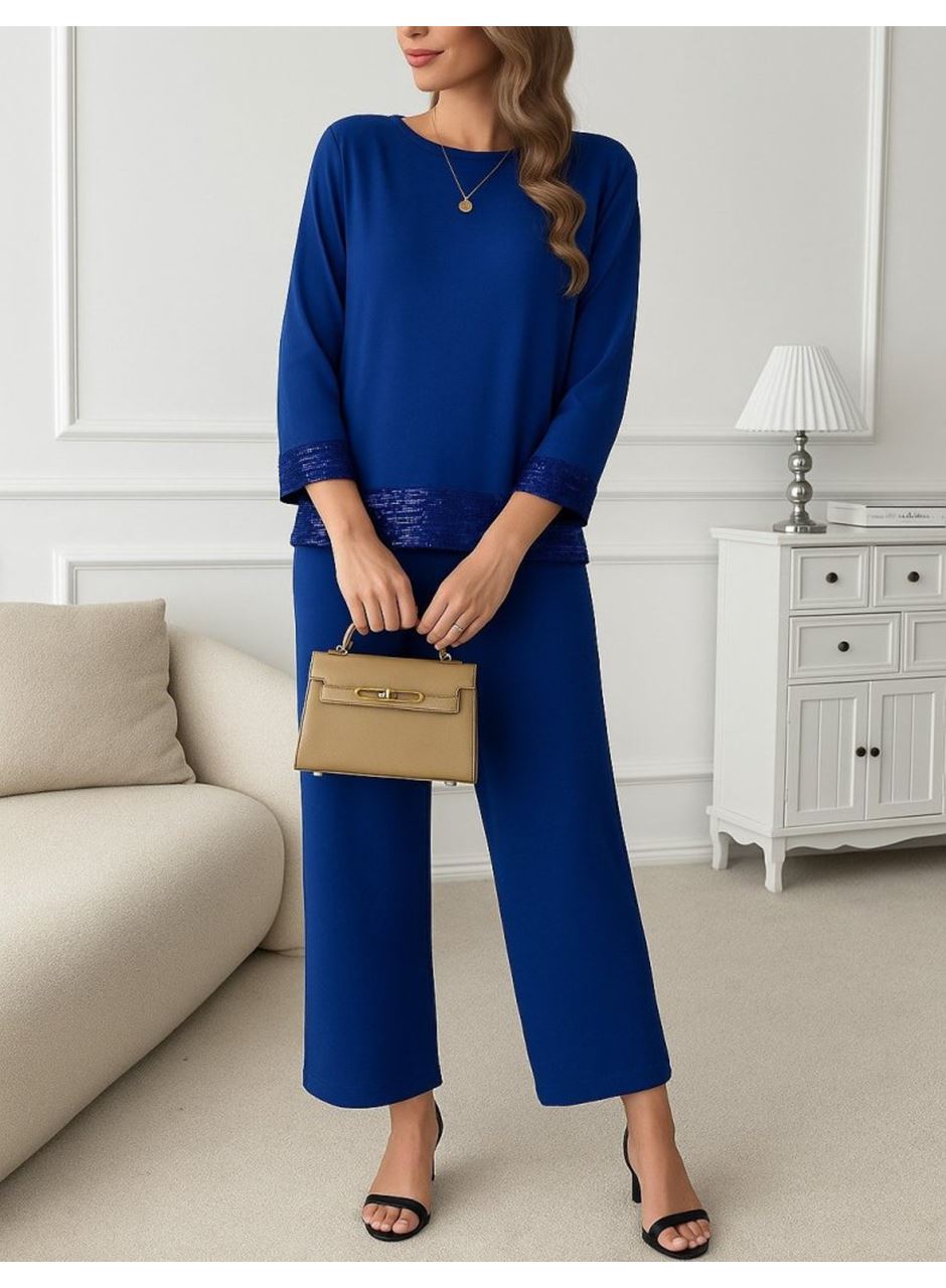 Kadın Uzun Kollu Bisiklet Yaka Pulpayetli Viskon Iki Iplik Bluz Ve Pantolon Ikili Takım