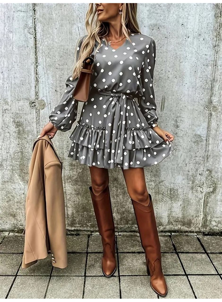 Kadın Uzun Kollu V Yakalı Belden Kuşaklı Puantiyeli Mini Modal Elbise
