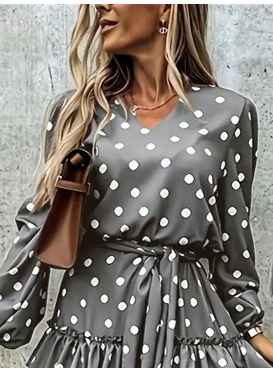 Kadın Uzun Kollu V Yakalı Belden Kuşaklı Puantiyeli Mini Modal Elbise