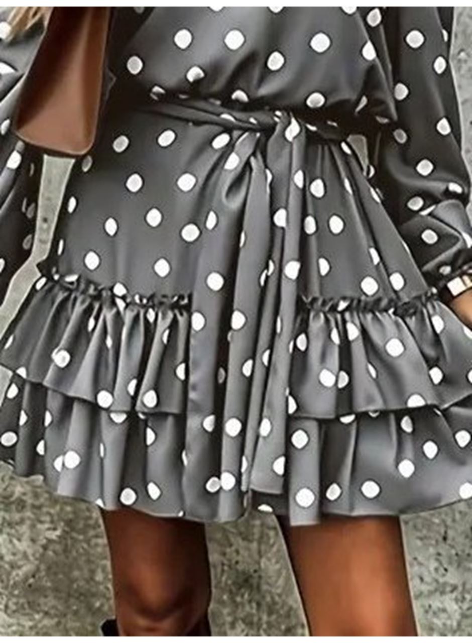 Kadın Uzun Kollu V Yakalı Belden Kuşaklı Puantiyeli Mini Modal Elbise