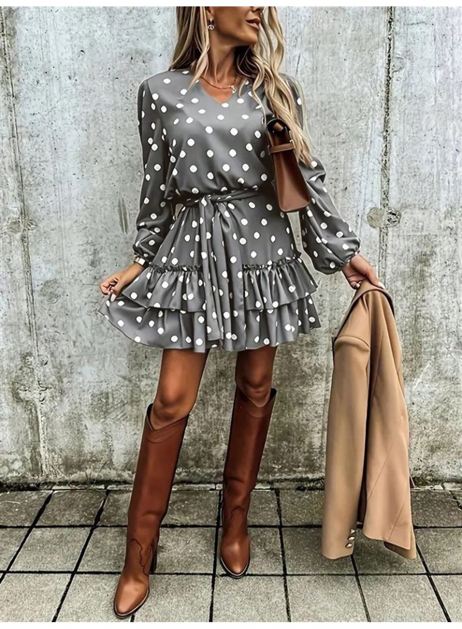 Kadın Uzun Kollu V Yakalı Belden Kuşaklı Puantiyeli Mini Modal Elbise