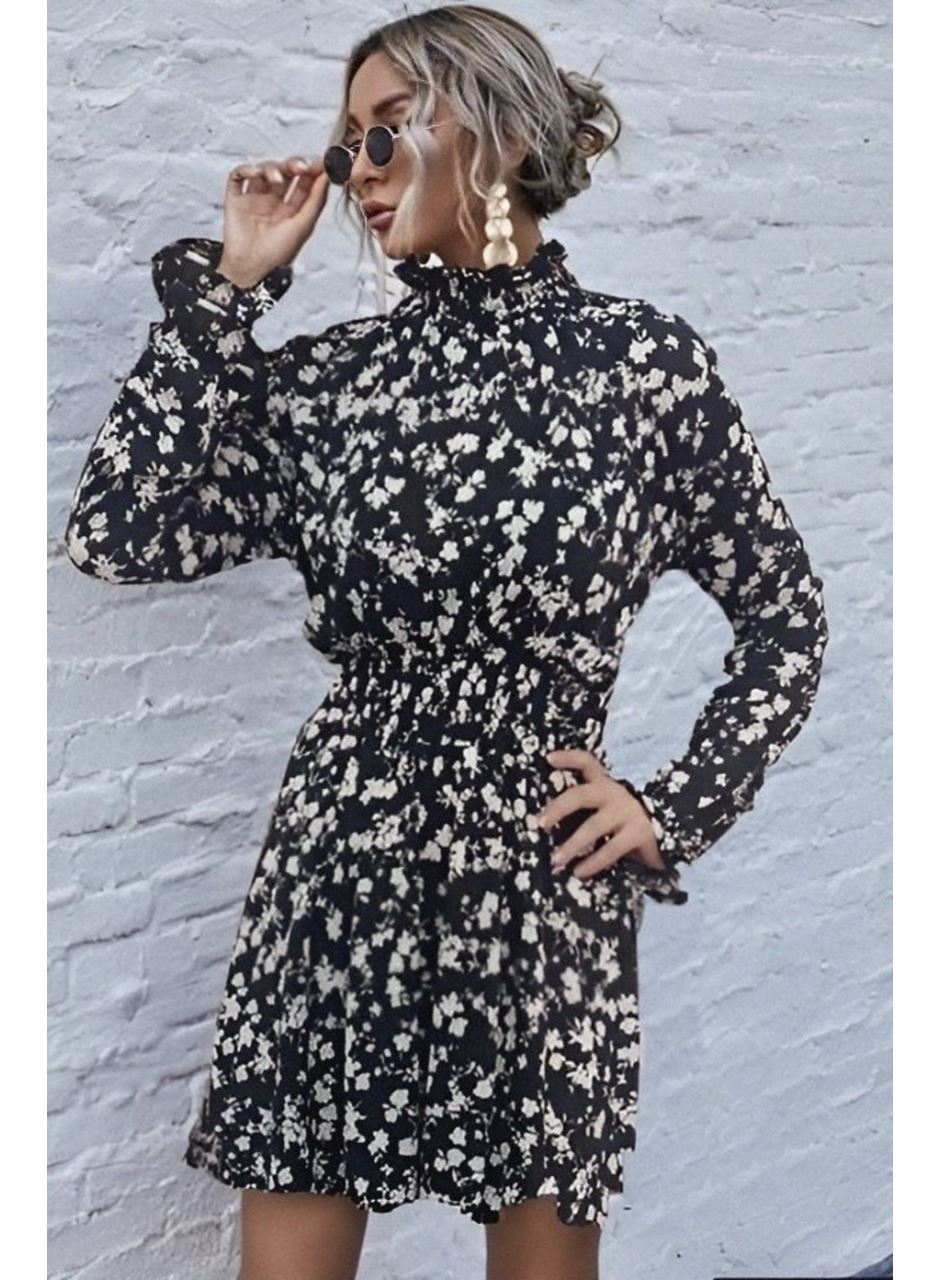 Kadın Uzun Kollu Balıkçı Yaka çiçek Baskılı Helen Kumaş Elbise