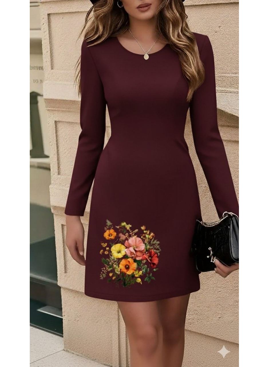 Kadın Uzun Kollu Bisiklet Yaka çiçek Desenli Mini Dalgıç Elbise