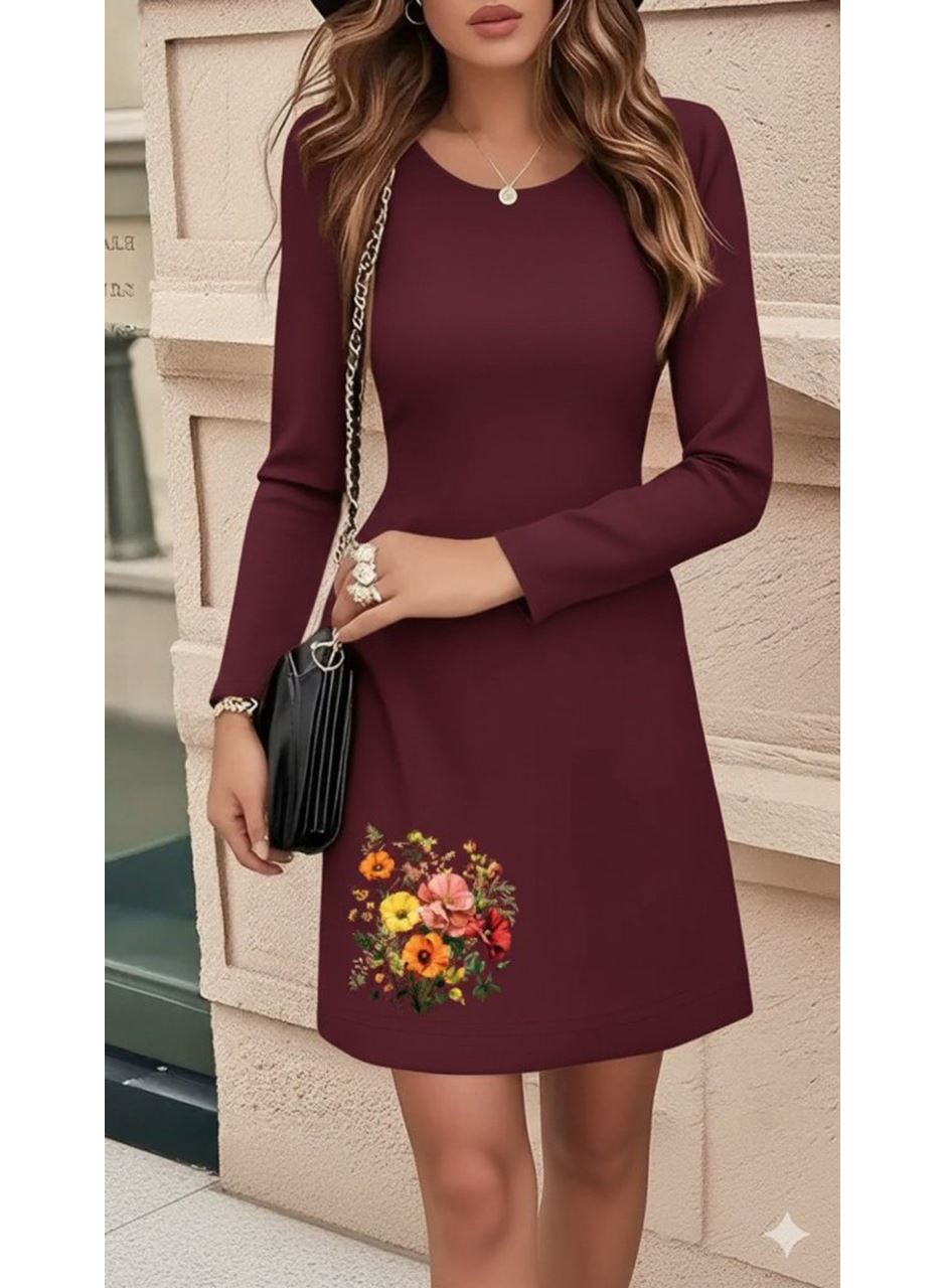 Kadın Uzun Kollu Bisiklet Yaka çiçek Desenli Mini Dalgıç Elbise