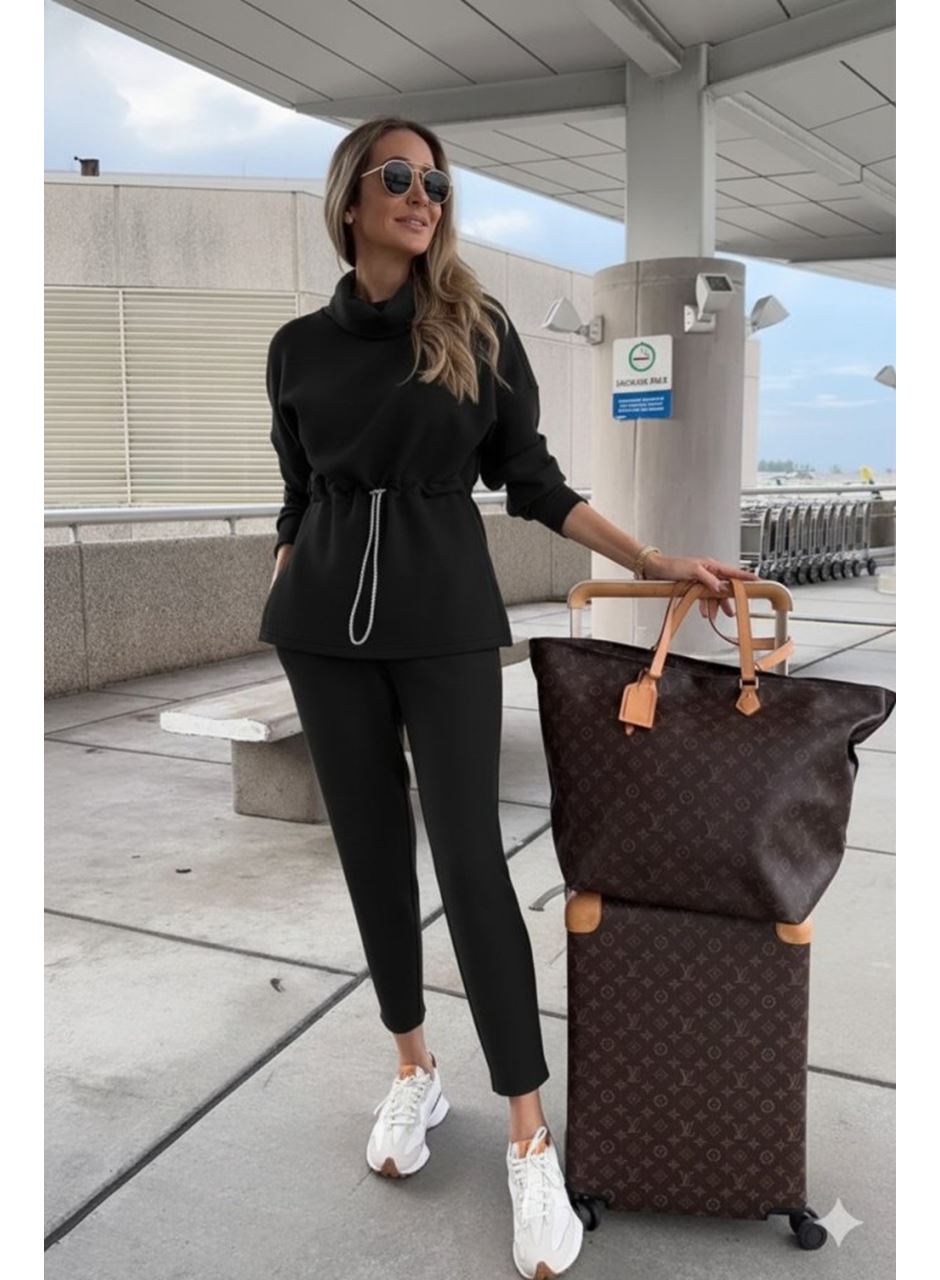 Kadın Uzun Kollu Balıkçı Yaka Belden Lastikli Modal Bluz Ve Pantolon Ikili Takım