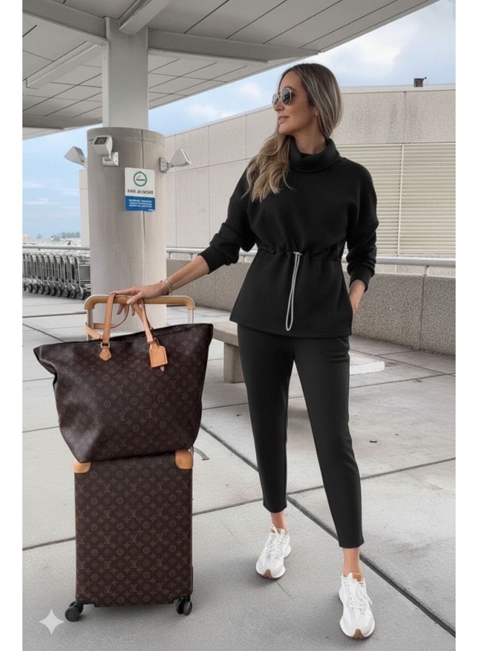 Kadın Uzun Kollu Balıkçı Yaka Belden Lastikli Modal Bluz Ve Pantolon Ikili Takım