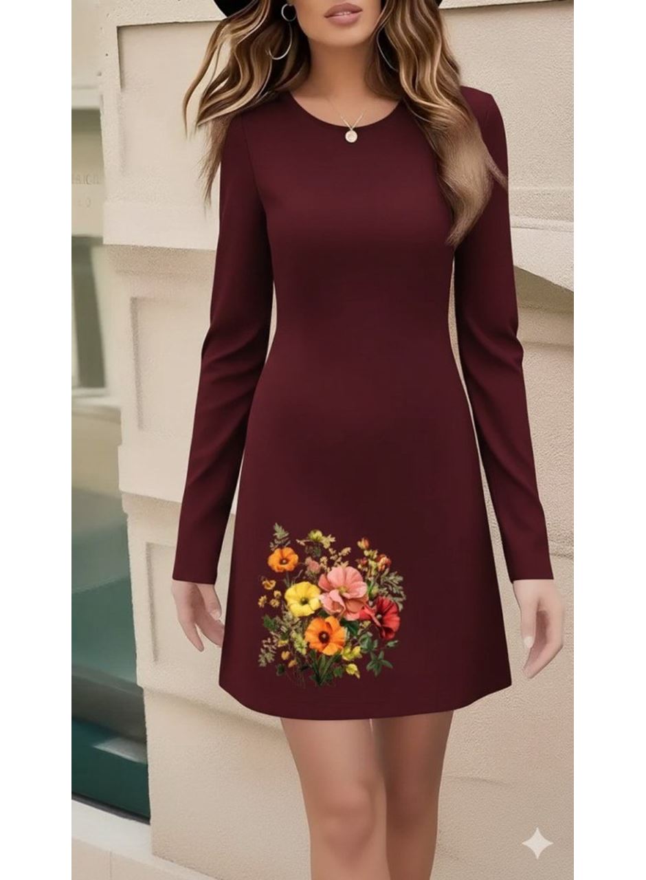 Kadın Uzun Kollu Bisiklet Yaka çiçek Desenli Mini Dalgıç Elbise